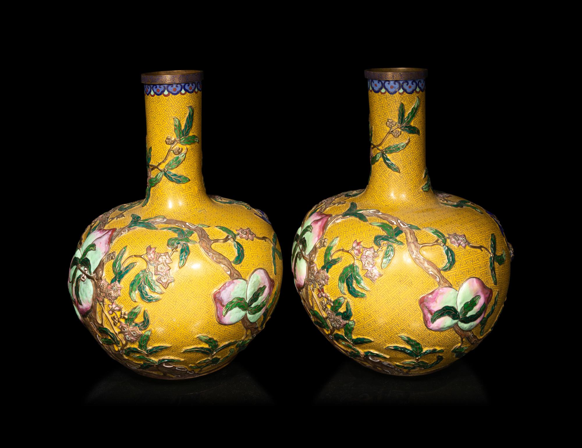 A Large Pair of Chinese Yellow Ground Cloisonné Enamel 'Peach' Tianqiuping Vases