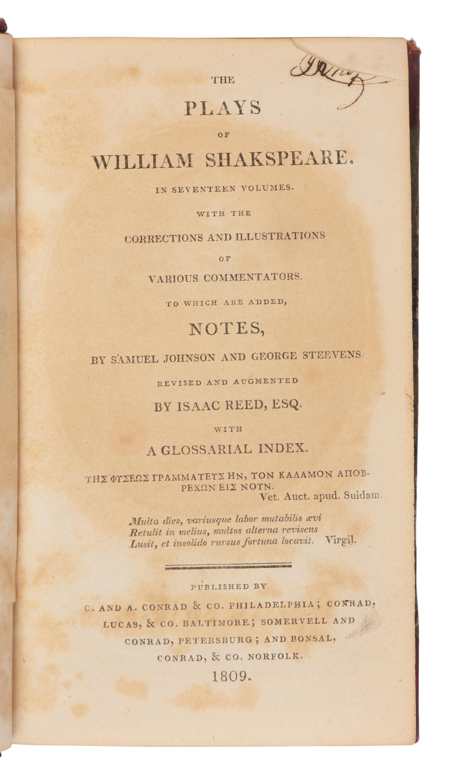 SHAKESPEARE, William (1564-1616). The Works of Shakespear in Six Volumes. Carefully Revised and Corrected by the former Editions . Sir Thomas Hanmer, editor. London: J. and P. Knapton, [&c.], 1745.