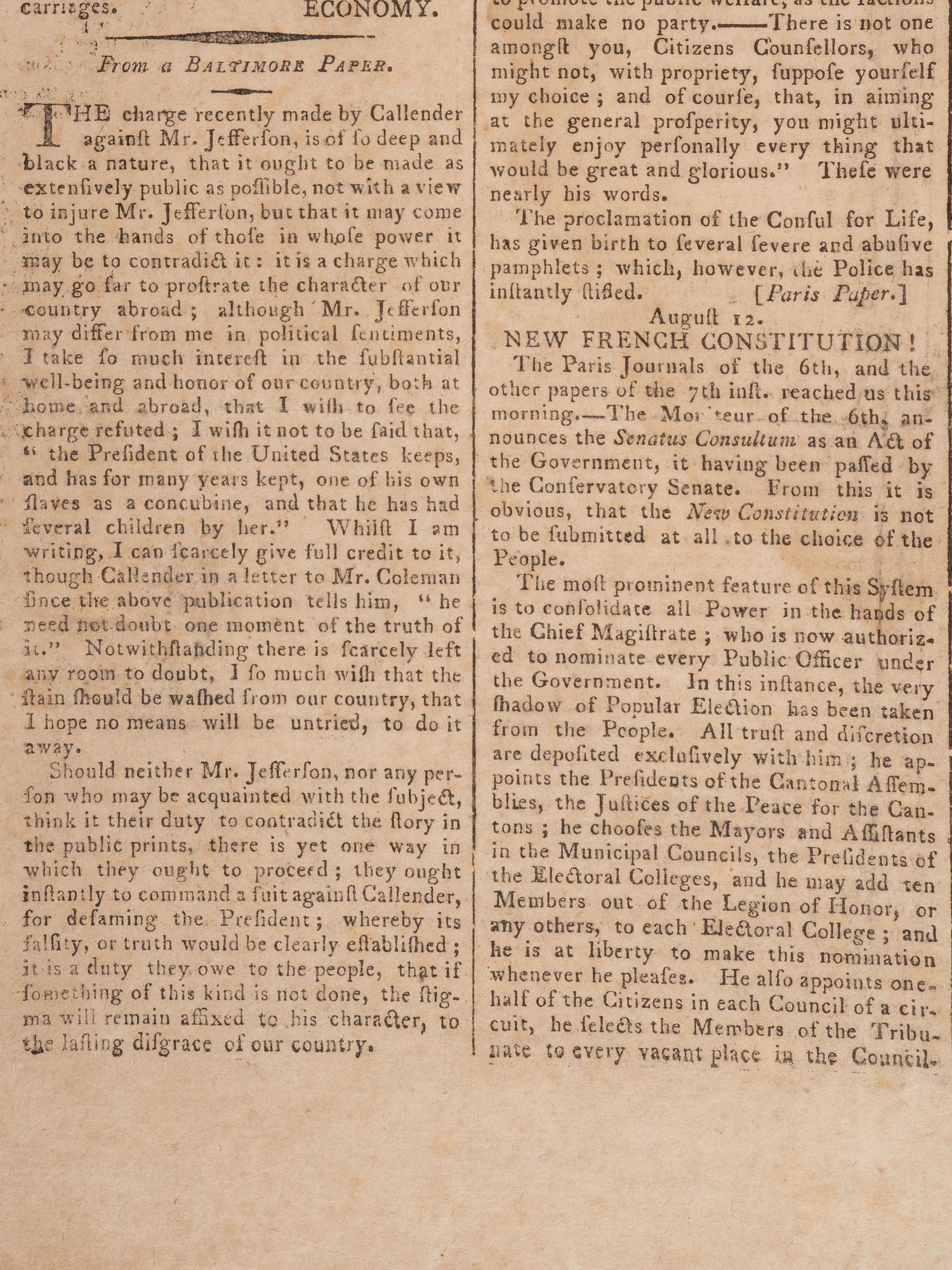 [JEFFERSON, Thomas (1743-1826)]. Newport Mercury . No. 2112. Newport, RI: Ann Barber, 28 September 1802. With early report of Jefferson's relationship with Sally Hemings.