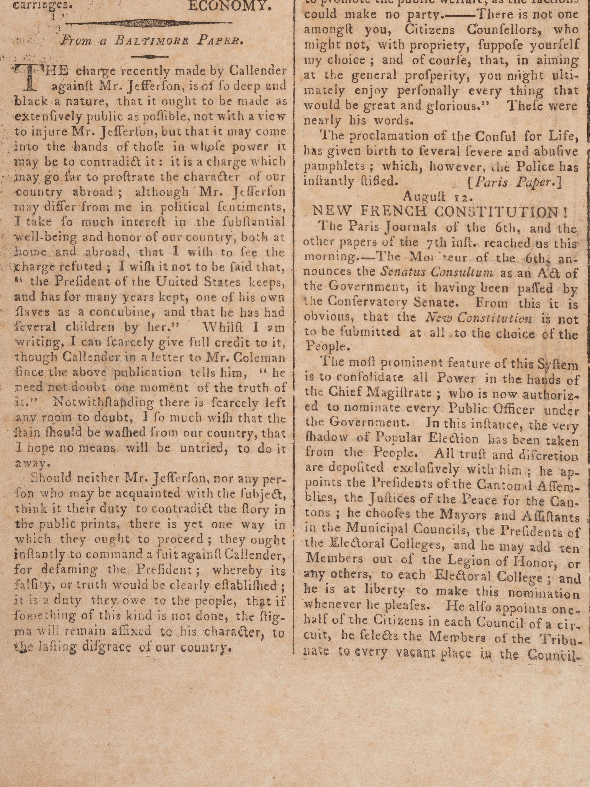 [JEFFERSON, Thomas (1743-1826)]. Newport Mercury . No. 2112. Newport, RI: Ann Barber, 28 September 1802. With early report of Jefferson's relationship with Sally Hemings.