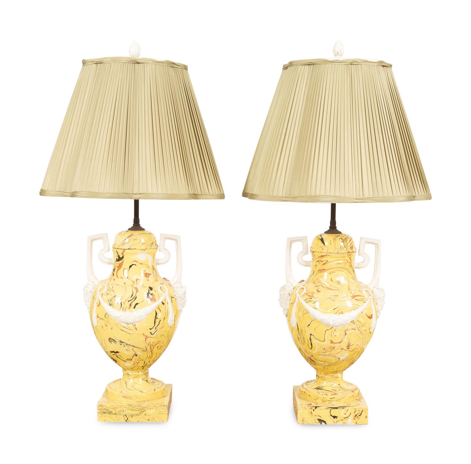 A Pair of Italian Glazed Ceramic Aptware Urns Mounted as Lamps
