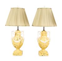 A Pair of Italian Glazed Ceramic Aptware Urns Mounted as Lamps