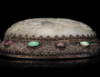 A Chinese Celadon and White Jade-Mounted Silver Hand Mirror