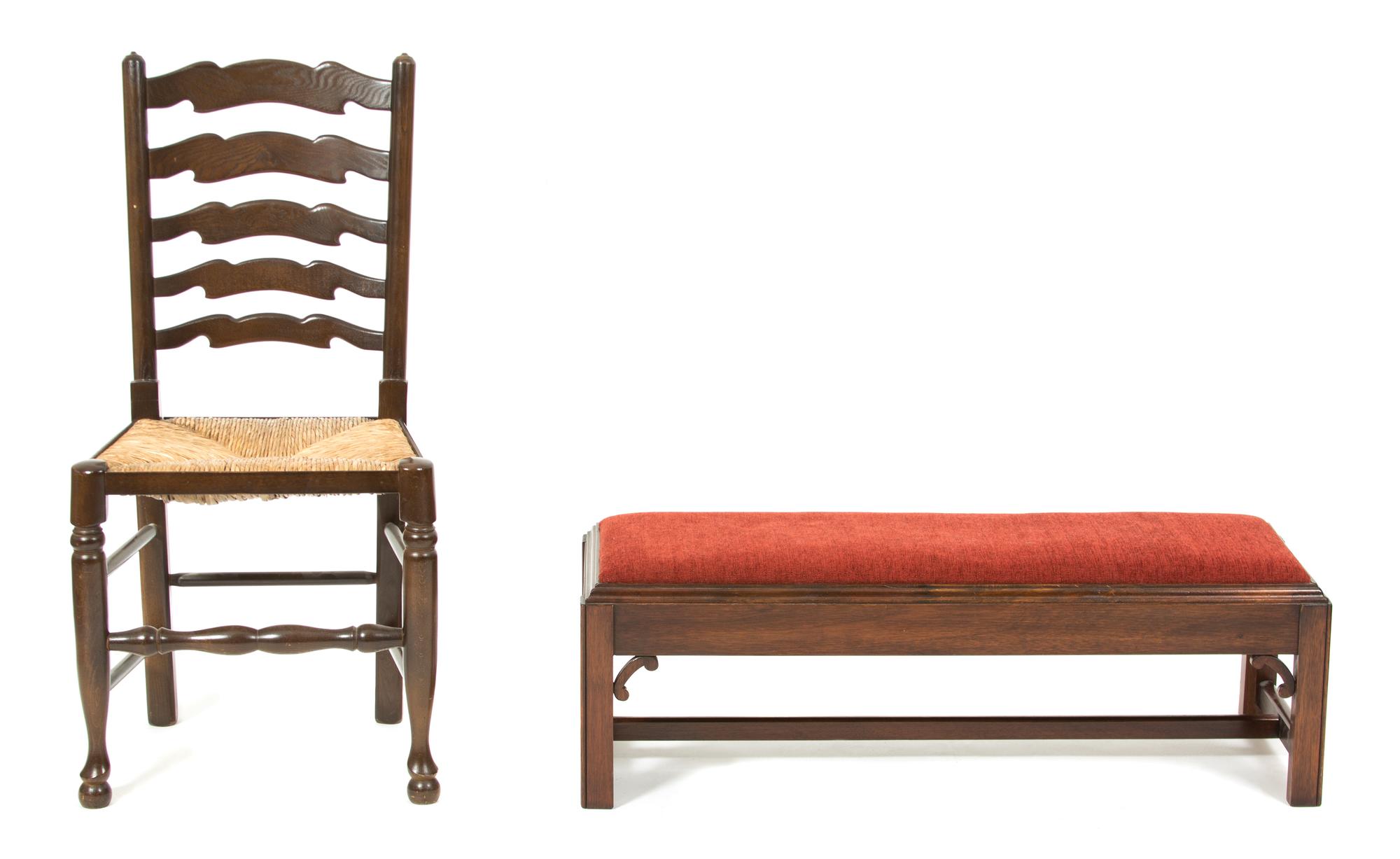 A George Style Mahogany Low Bench and an Oak Ladder Back Side Chair Height of bench 12 1/2 x width 38 x depth 14 inches. — 20TH CENTURY