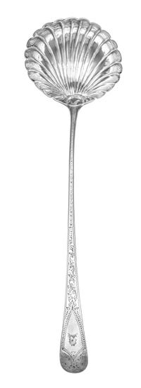 A George III Silver Punch Ladle, Hester Bateman, London, 1782, having a shell form bowl and a foliate scroll worked handle bearing a sh