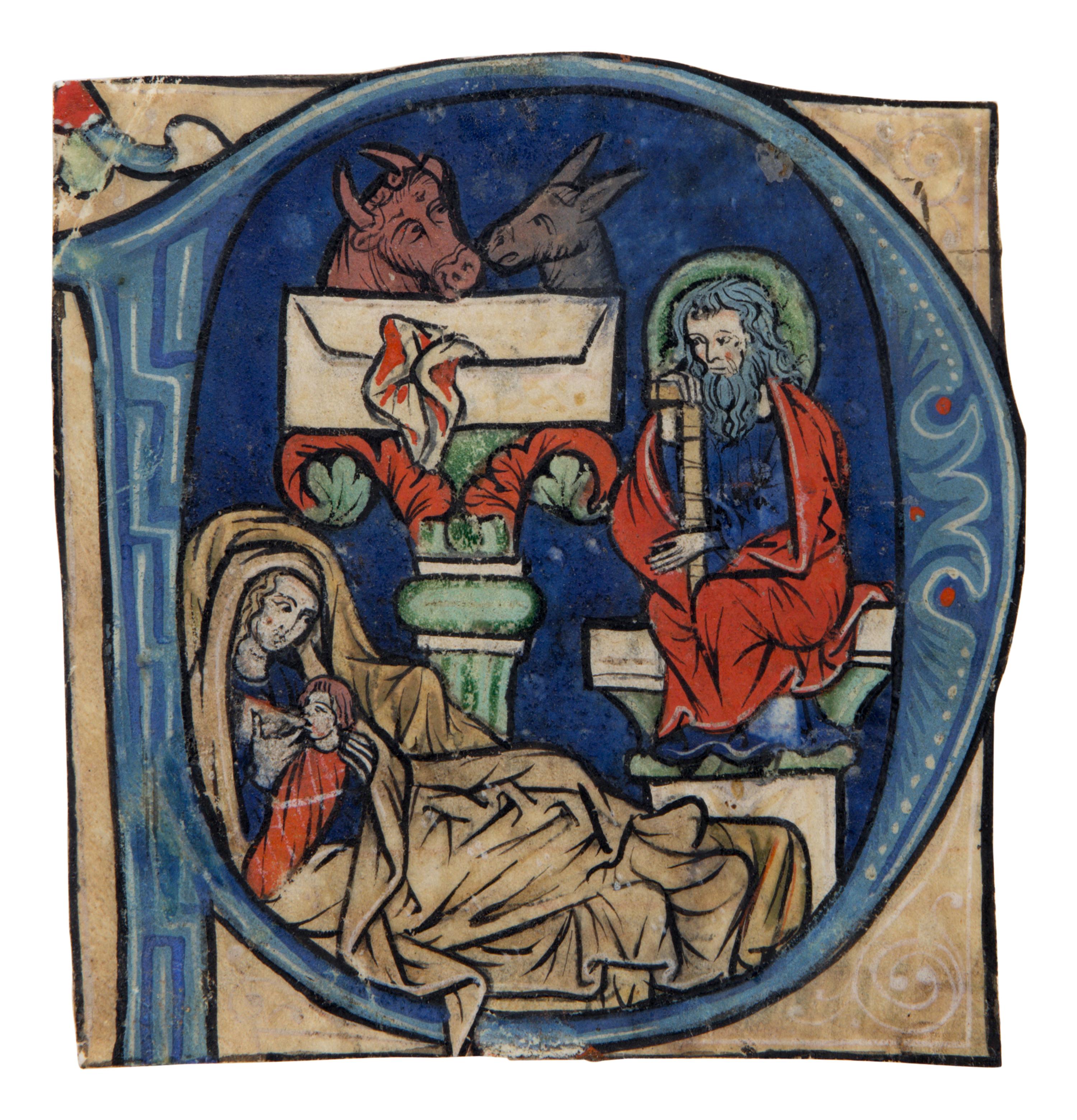 RHENISH ILLUMINATOR(?), Cutting with historiated initial ‘P’ of the Nativity probably from a Gradual, in Latin, illuminated manuscript on parchment [Germany, The Rhineland? c. 1240–1260]