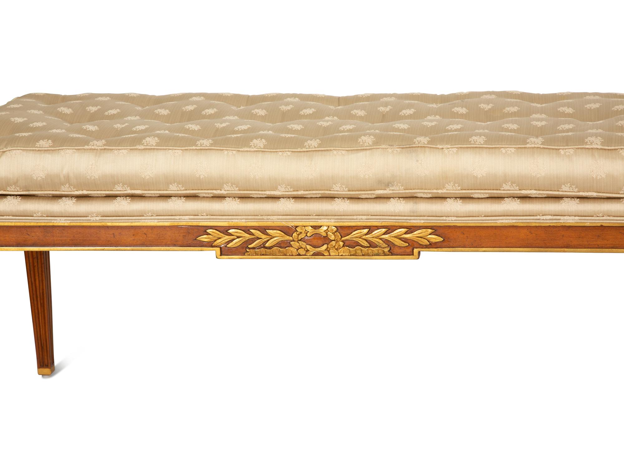 A Pair of Empire Style Parcel Gilt Mahogany Benches with Button Tufted Upholstered Seat