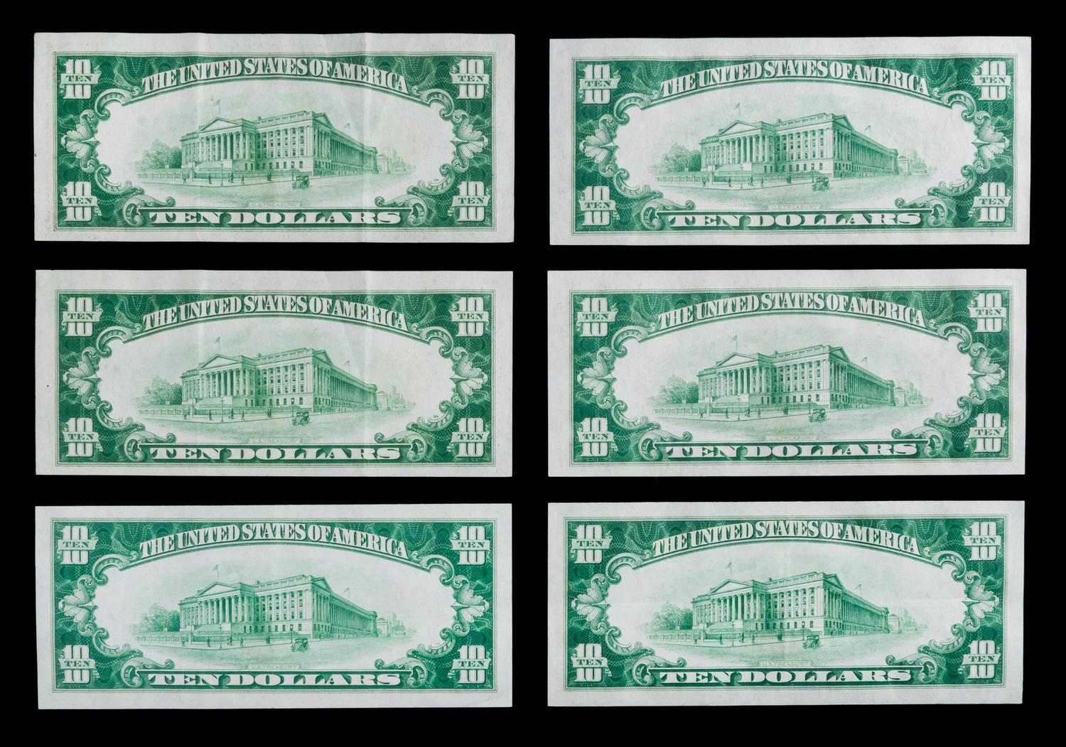 A Group of Six 1928 United States $10 Notes