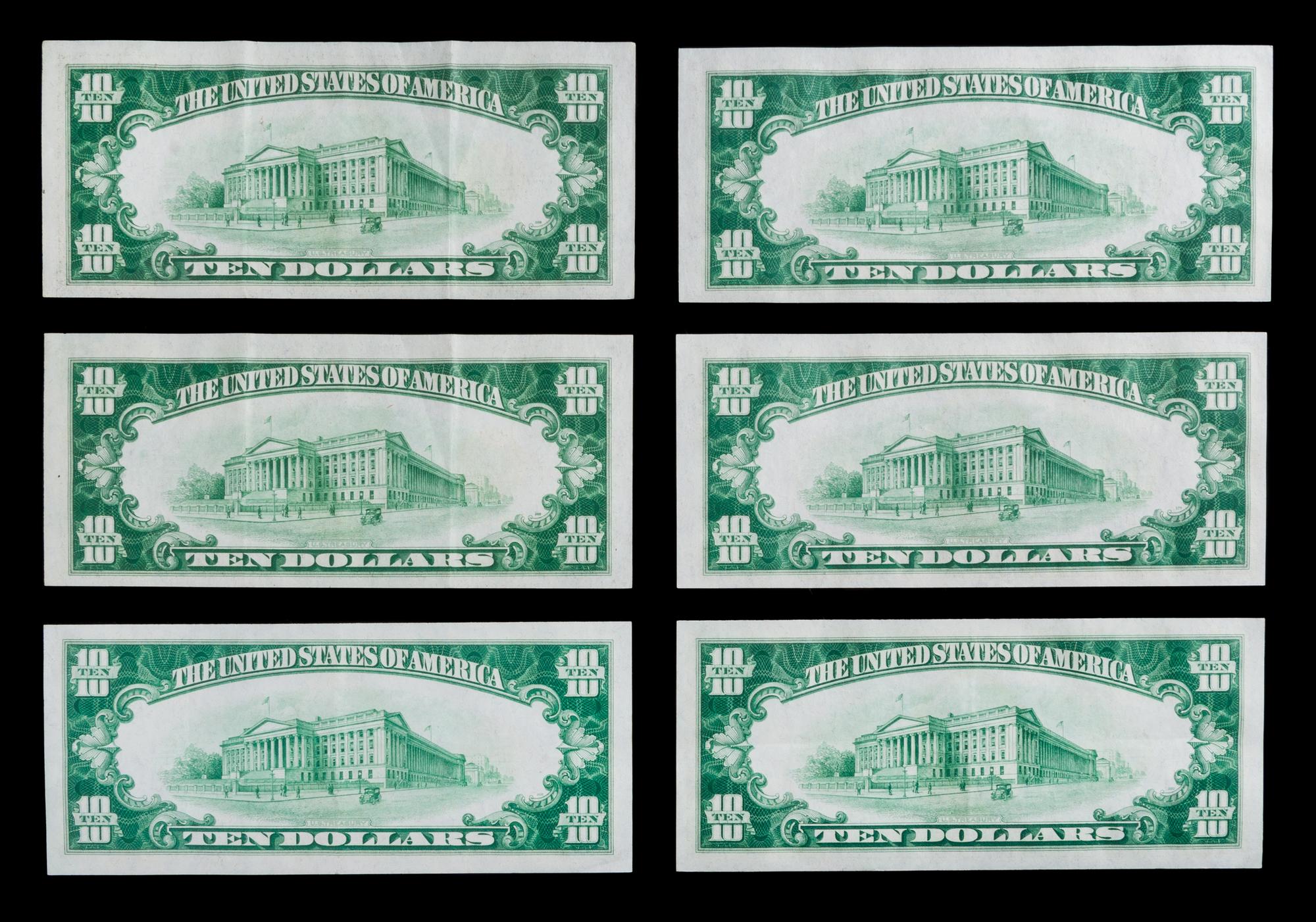 A Group of Six 1928 United States $10 Notes