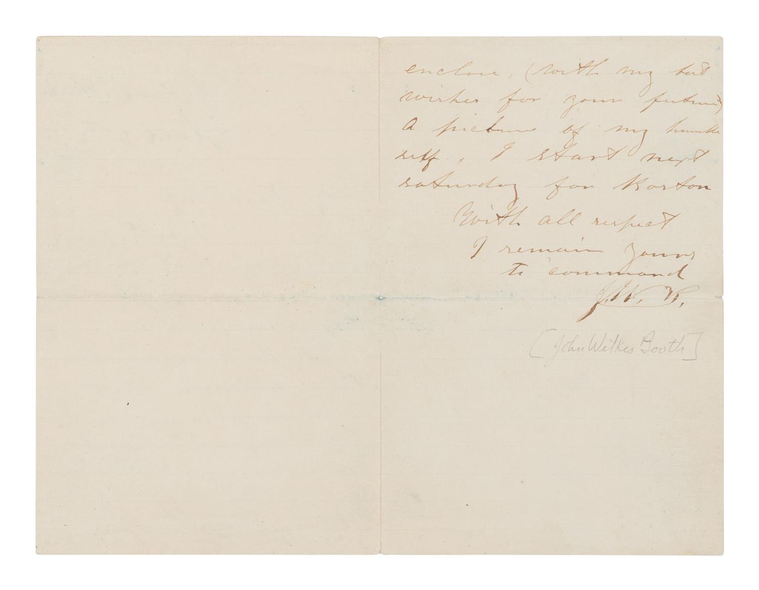 BOOTH, John Wilkes (1838-1865). Autograph letter signed ("J.W.B") to "My dear miss" from the St. Charles Theater, New Orleans, 4 April [1864].