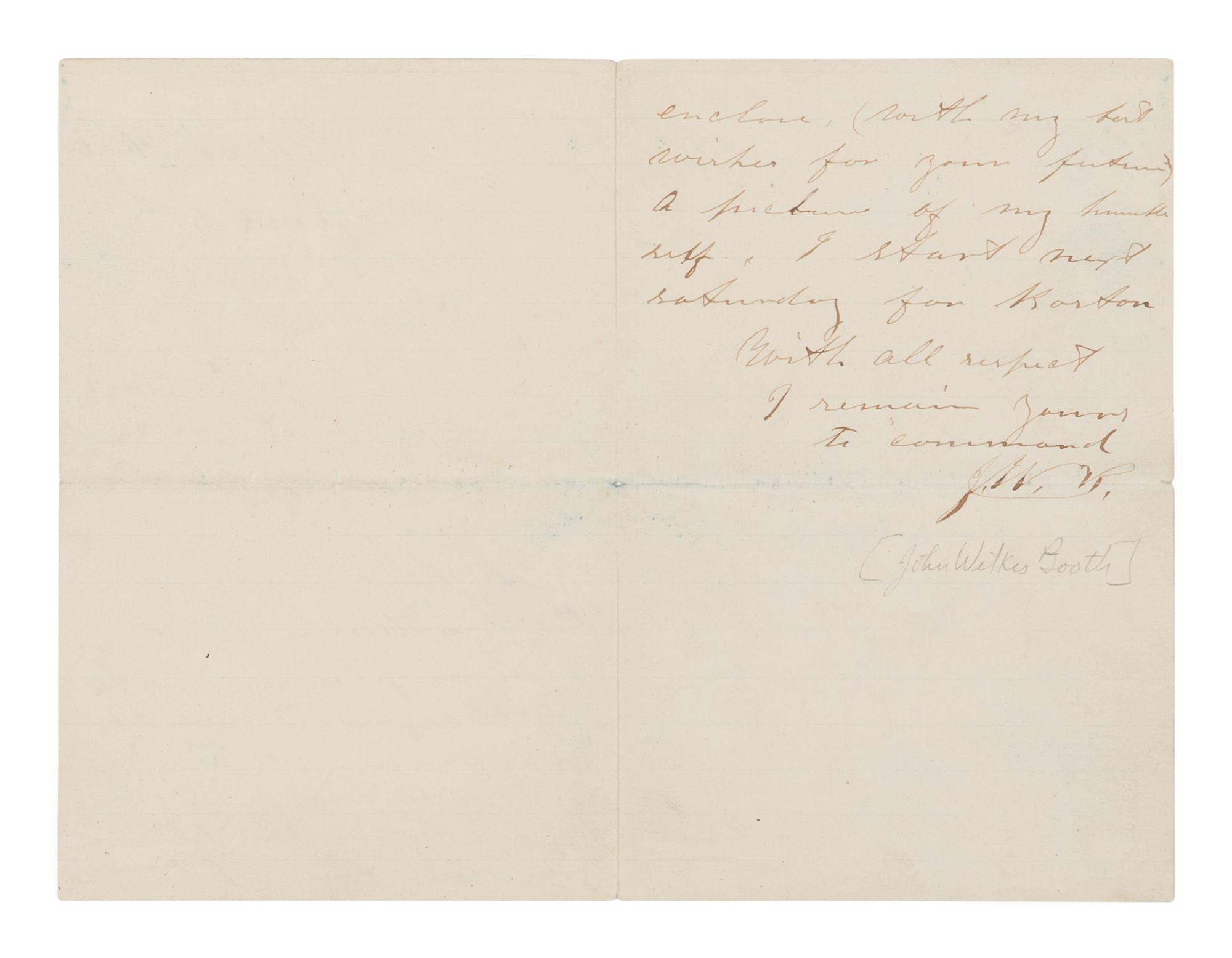BOOTH, John Wilkes (1838-1865). Autograph letter signed ("J.W.B") to "My dear miss" from the St. Charles Theater, New Orleans, 4 April [1864].