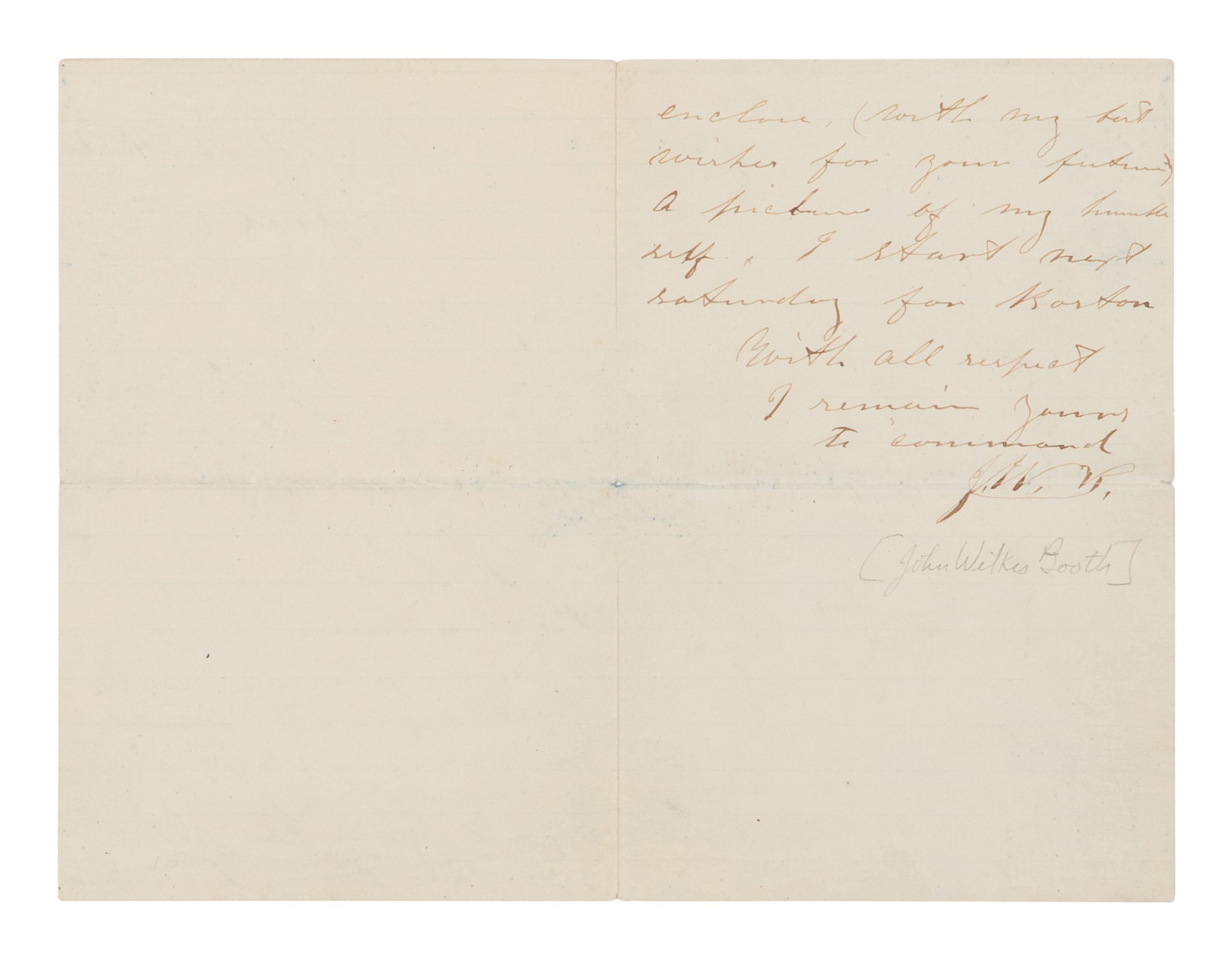 BOOTH, John Wilkes (1838-1865). Autograph letter signed ("J.W.B") to "My dear miss" from the St. Charles Theater, New Orleans, 4 April [1864].