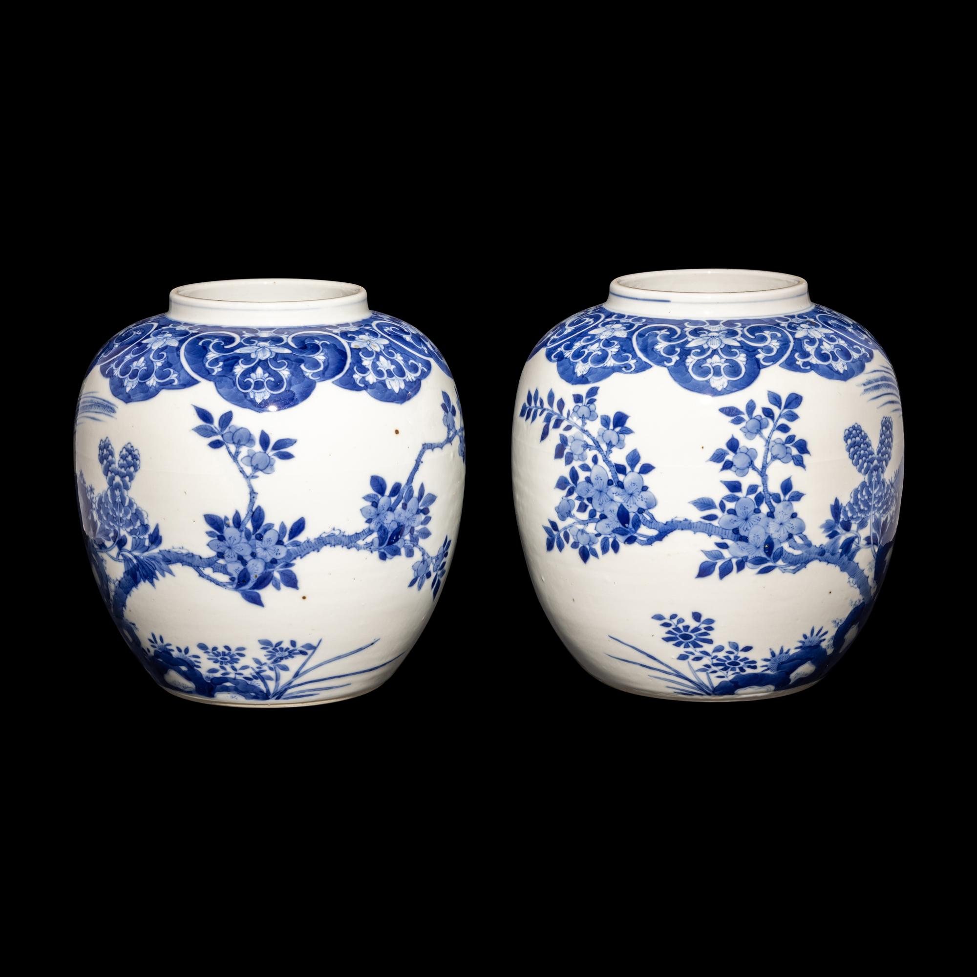 A Pair of Chinese Blue and White Porcelain 'Peonies and Pheasant' Ginger Jars, Guangxu Period 清光緒 青花牡丹錦鷄圖蓋罐一對