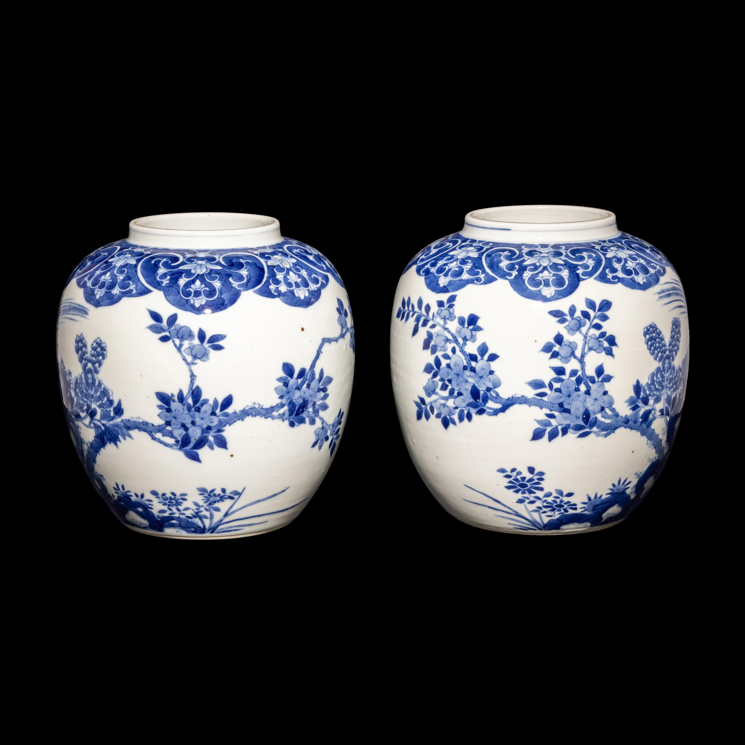 A Pair of Chinese Blue and White Porcelain 'Peonies and Pheasant' Ginger Jars, Guangxu Period 清光緒 青花牡丹錦鷄圖蓋罐一對