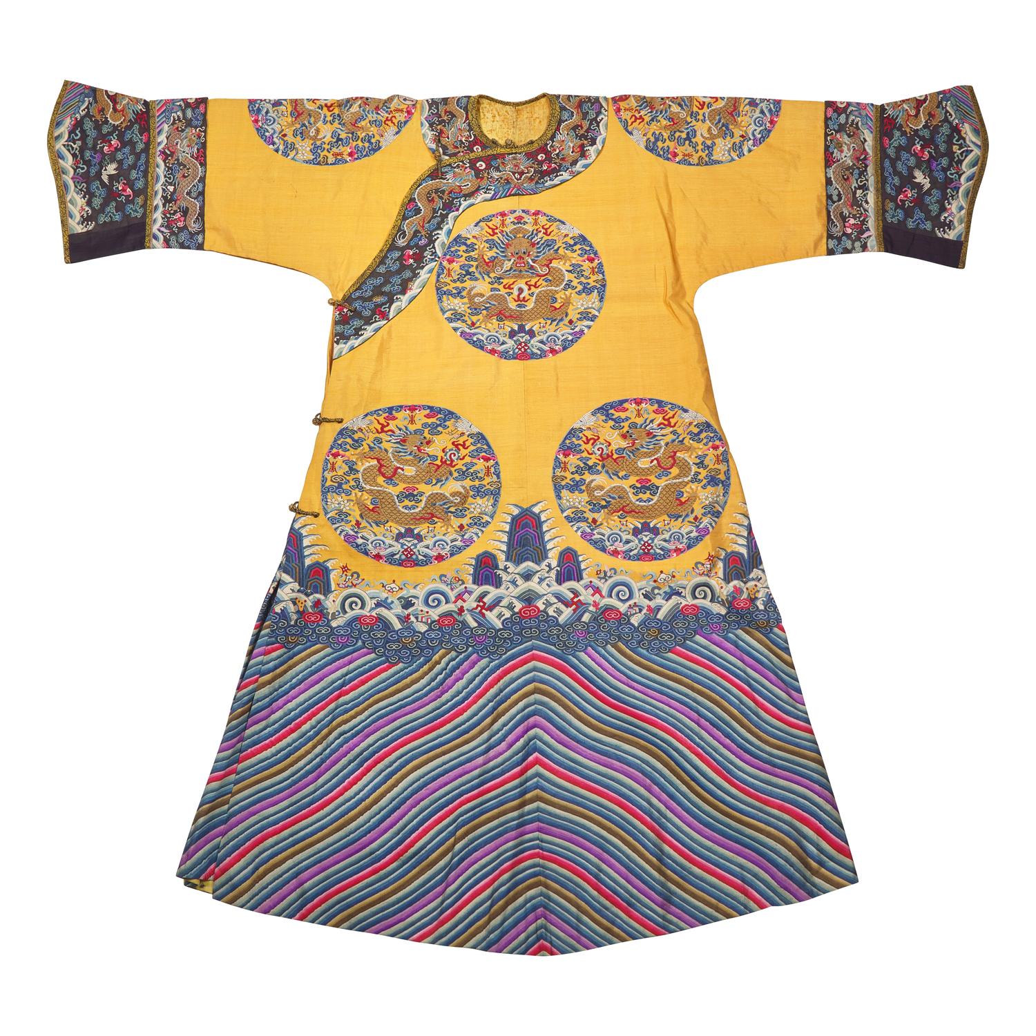 A Chinese Yellow Kesi Dragon Roundel Robe, Late 19th Century 清晚期 黃地緙絲龍袍
