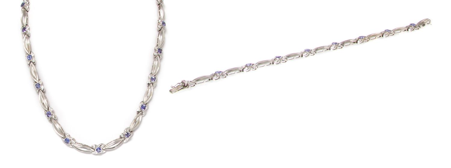 A 14 Karat White Gold, Tanzanite and Diamond Demi Parure, 24.60 dwts.