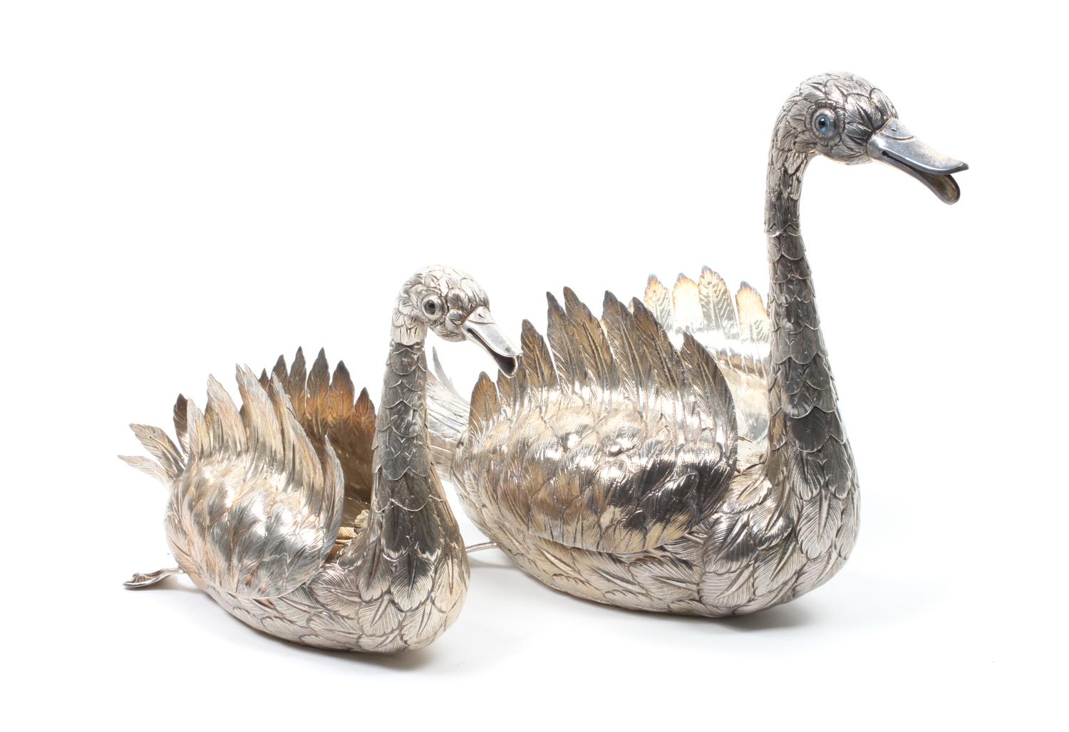Two Continental Silver Swan Figurines Largest height 10 x width 4 1/2 x depth 11 1/2 inches. — MID-20TH CENTURY