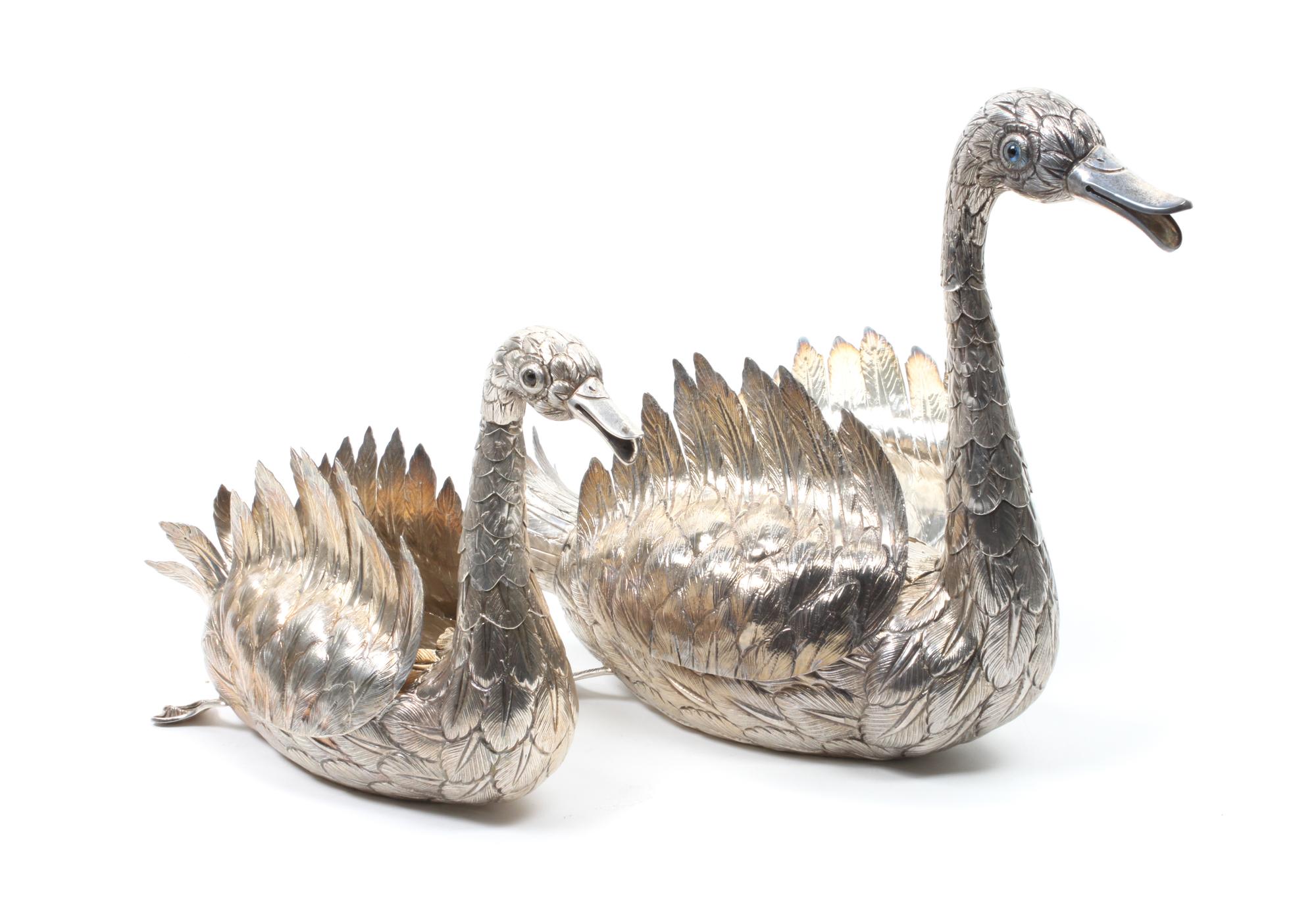 Two Continental Silver Swan Figurines Largest height 10 x width 4 1/2 x depth 11 1/2 inches. — MID-20TH CENTURY