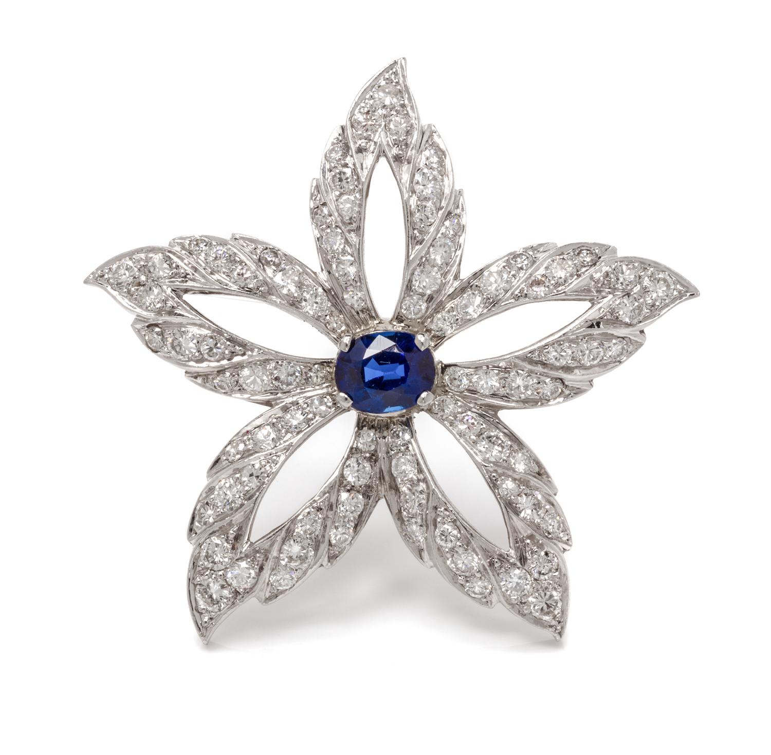A Platinum, Sapphire, and Diamond Brooch, Lackritz, 7.30 dwts.