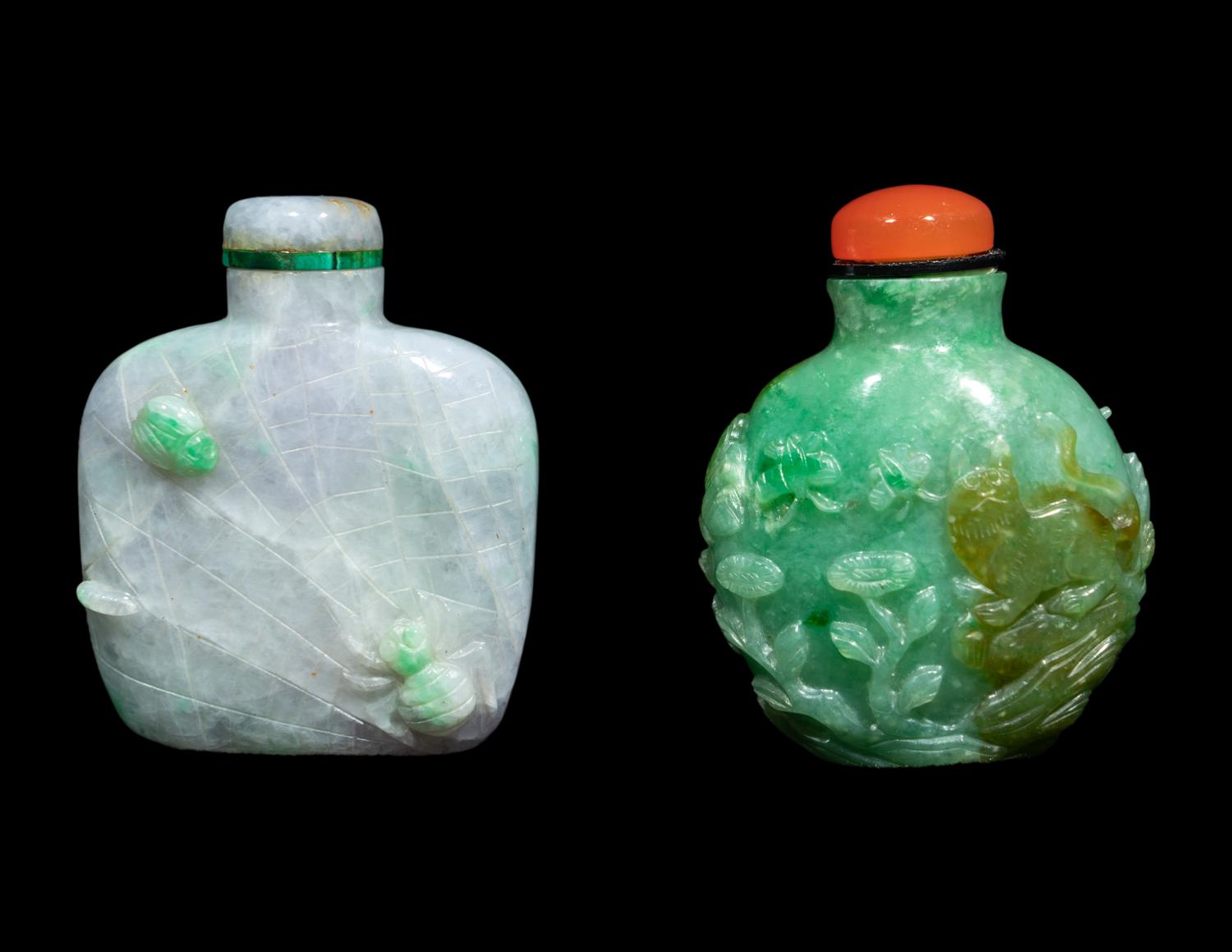 Two Chinese Carved Jadeite Snuff Bottles