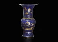 A Chinese gilt-decorated blue-ground phoenix-tail vase, Qing dynasty 鎏金鳳尾尊 清
