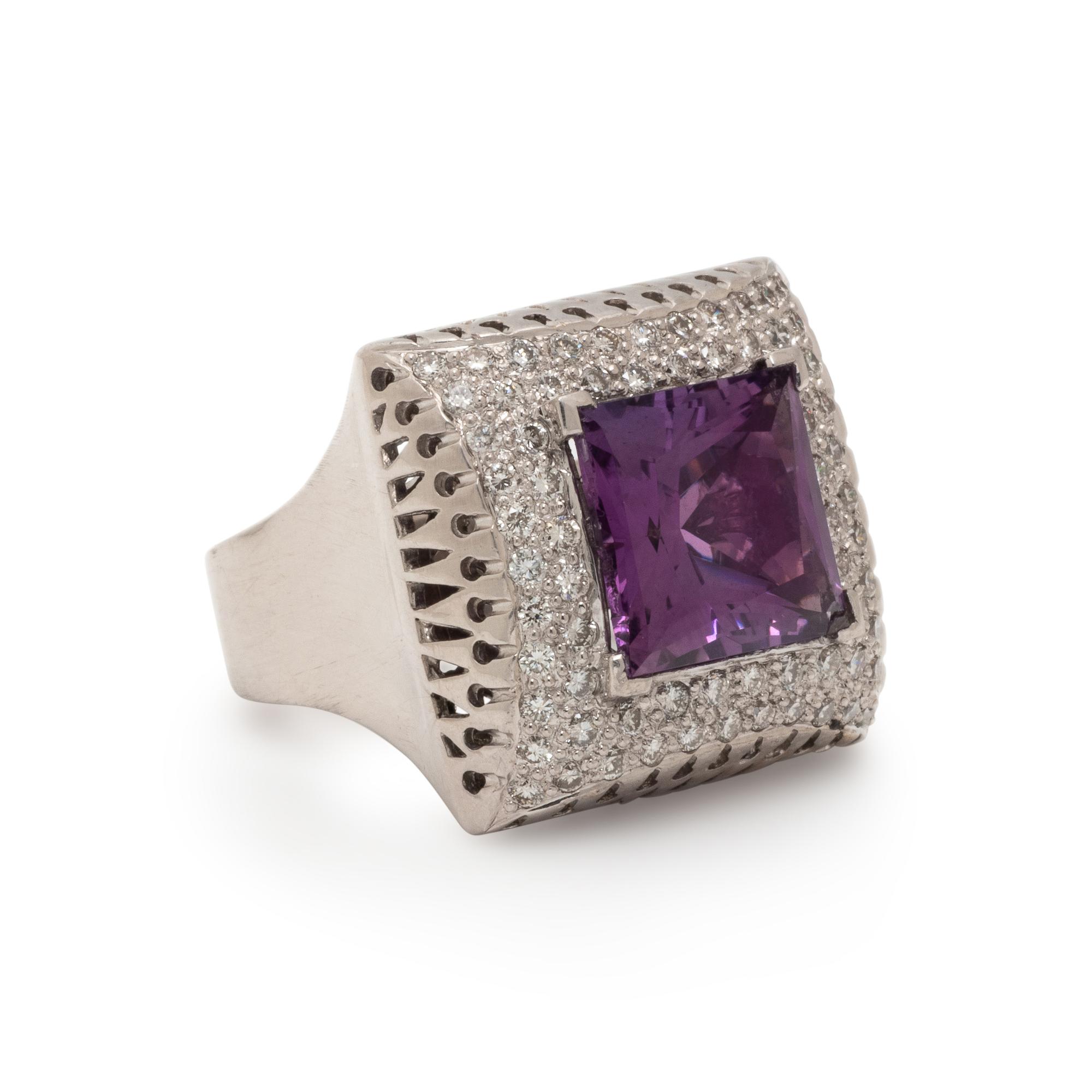 AMETHYST, DIAMOND, AND WHITE GOLD RING