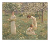 Young Women Gathering Flowers
