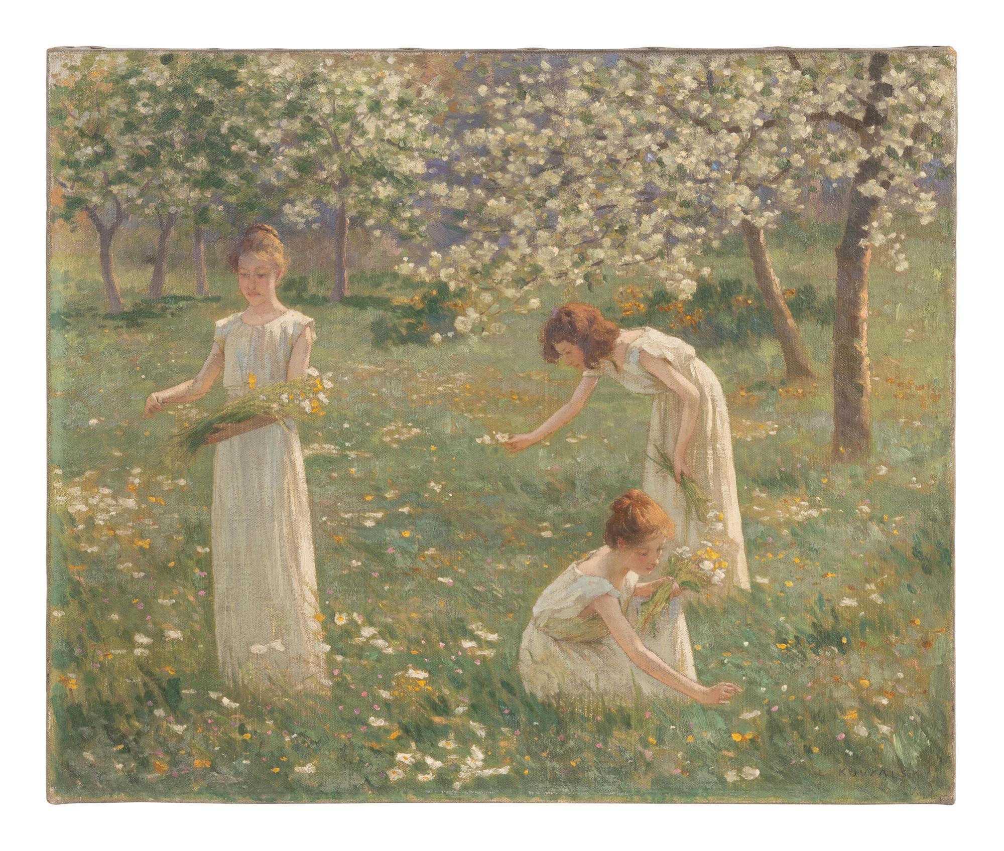 Young Women Gathering Flowers