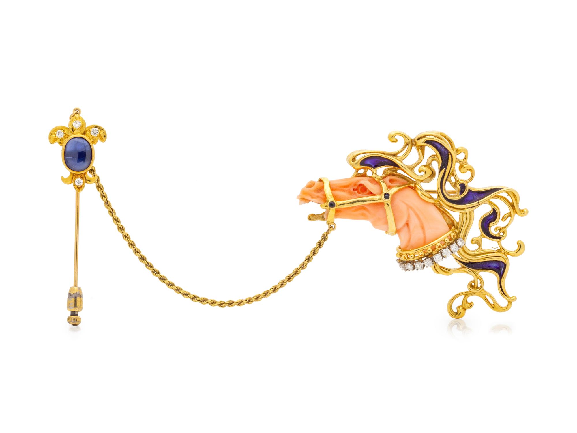 An 18 Karat Yellow Gold, Angel Skin Coral, Enamel and Diamond Horse Head Brooch, Balogh,