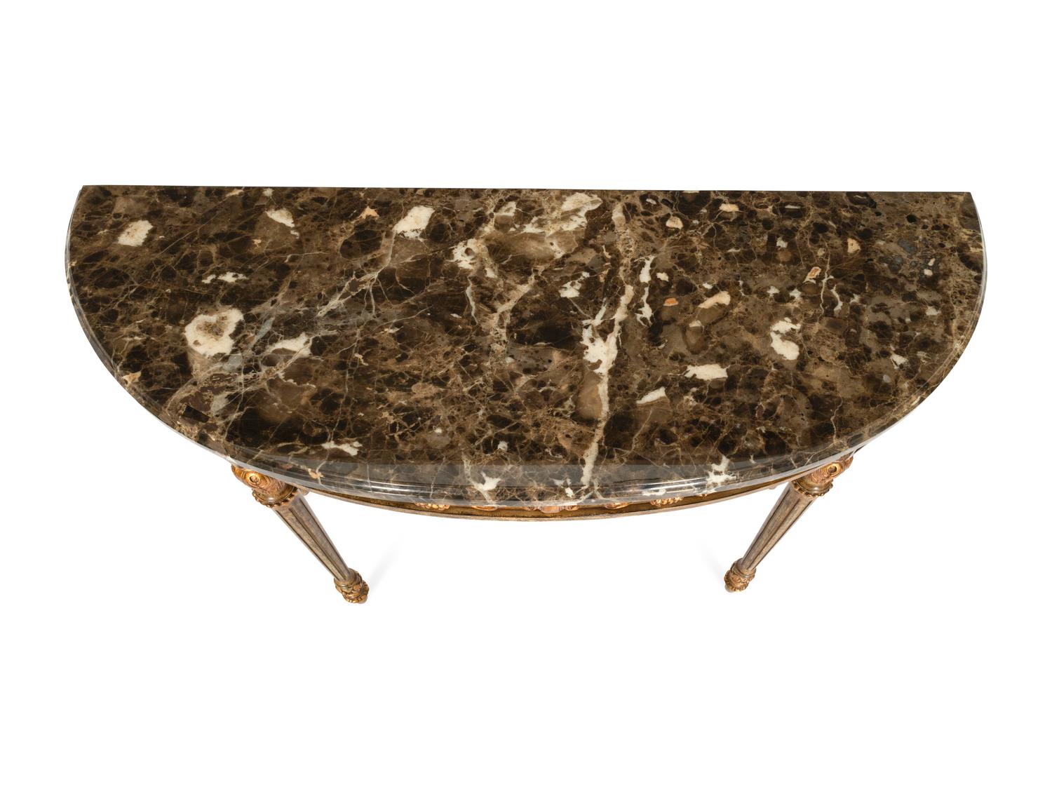 An Italian Painted and Parcel Gilt Demilune Console Table with Marble Top