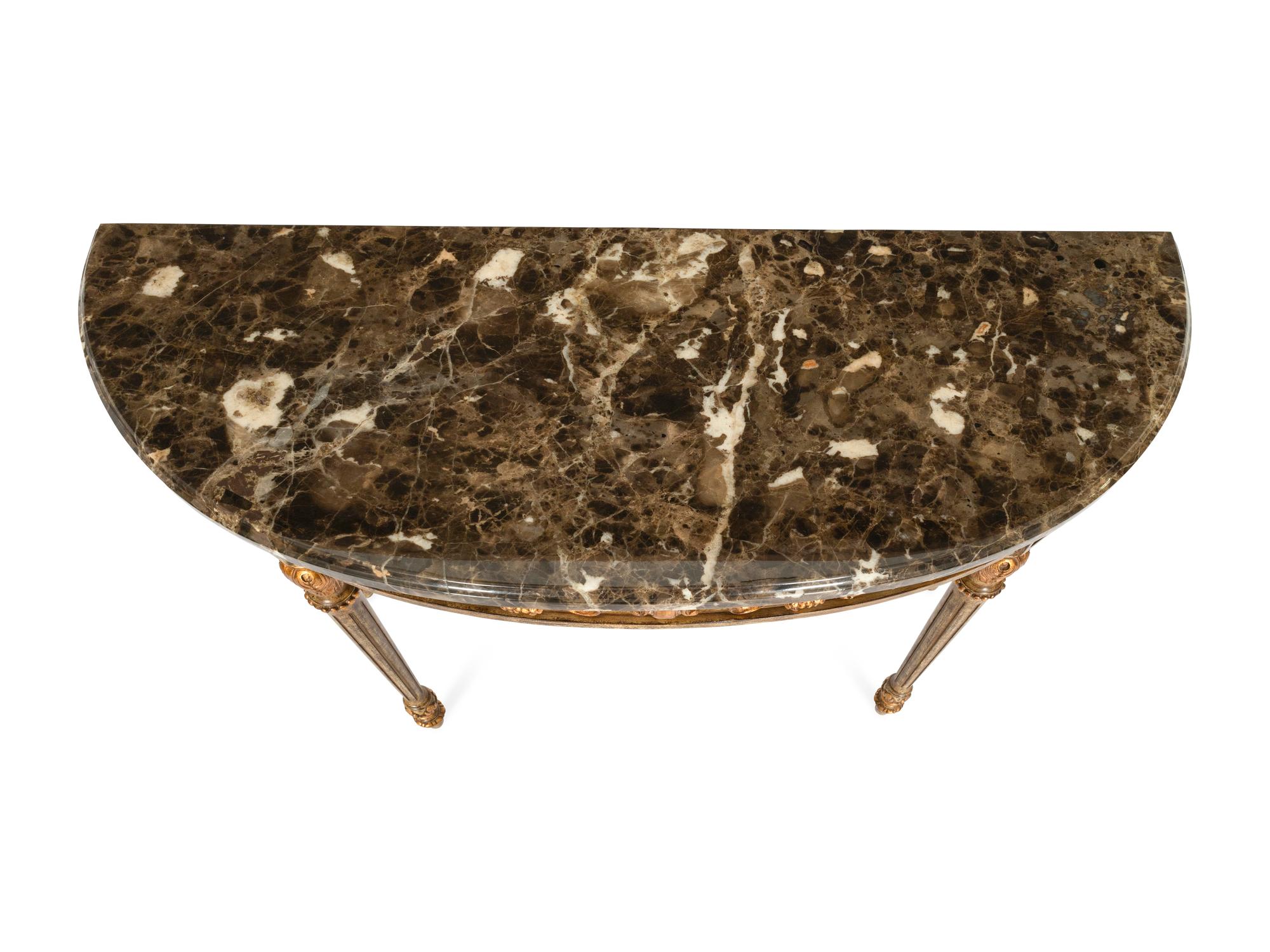An Italian Painted and Parcel Gilt Demilune Console Table with Marble Top