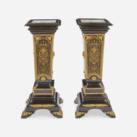A Pair of Louis XIV Style Boulle Marquetry Inlaid Gilt-Bronze Mounted Ebonized Marble Top Pedestals 20th century