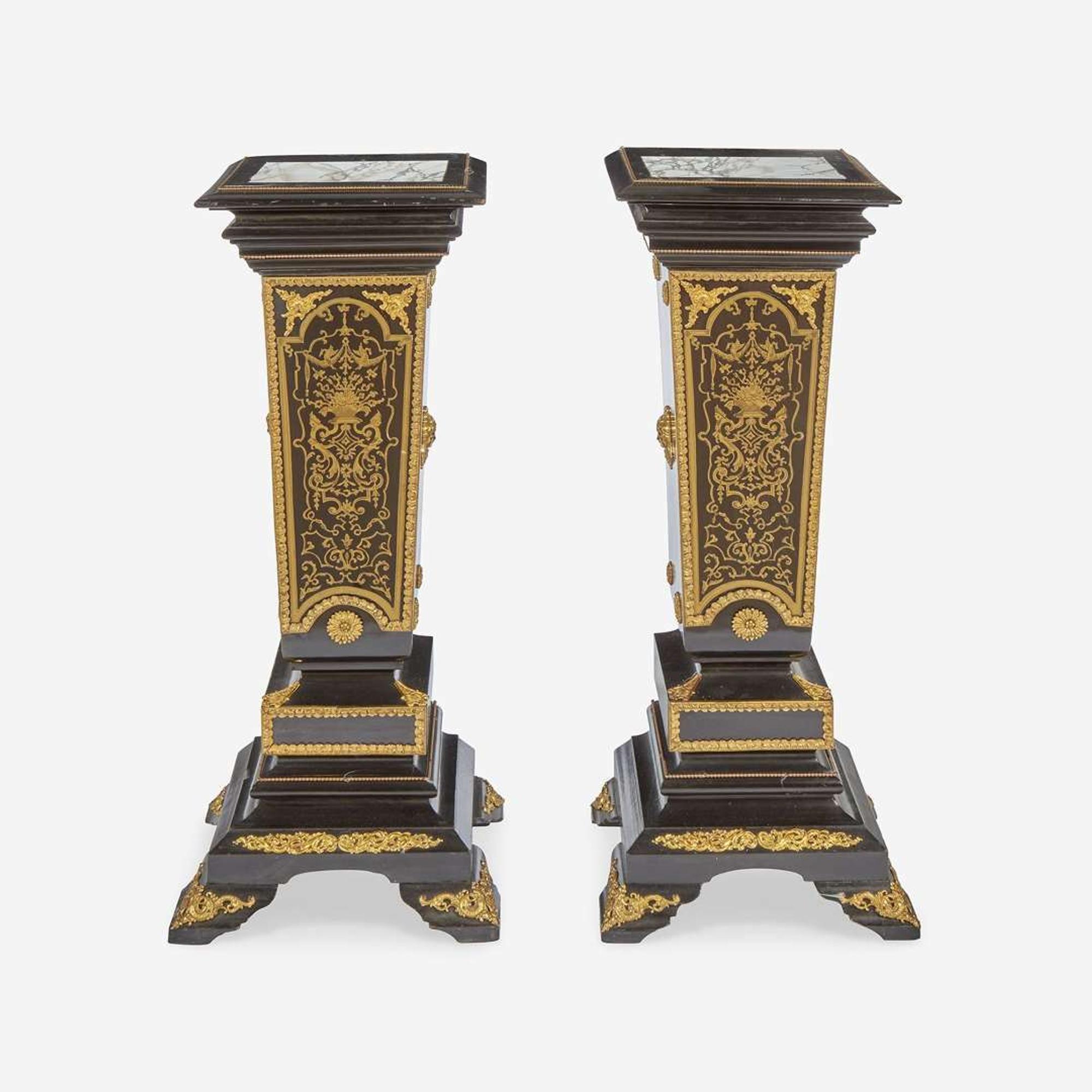 A Pair of Louis XIV Style Boulle Marquetry Inlaid Gilt-Bronze Mounted Ebonized Marble Top Pedestals 20th century