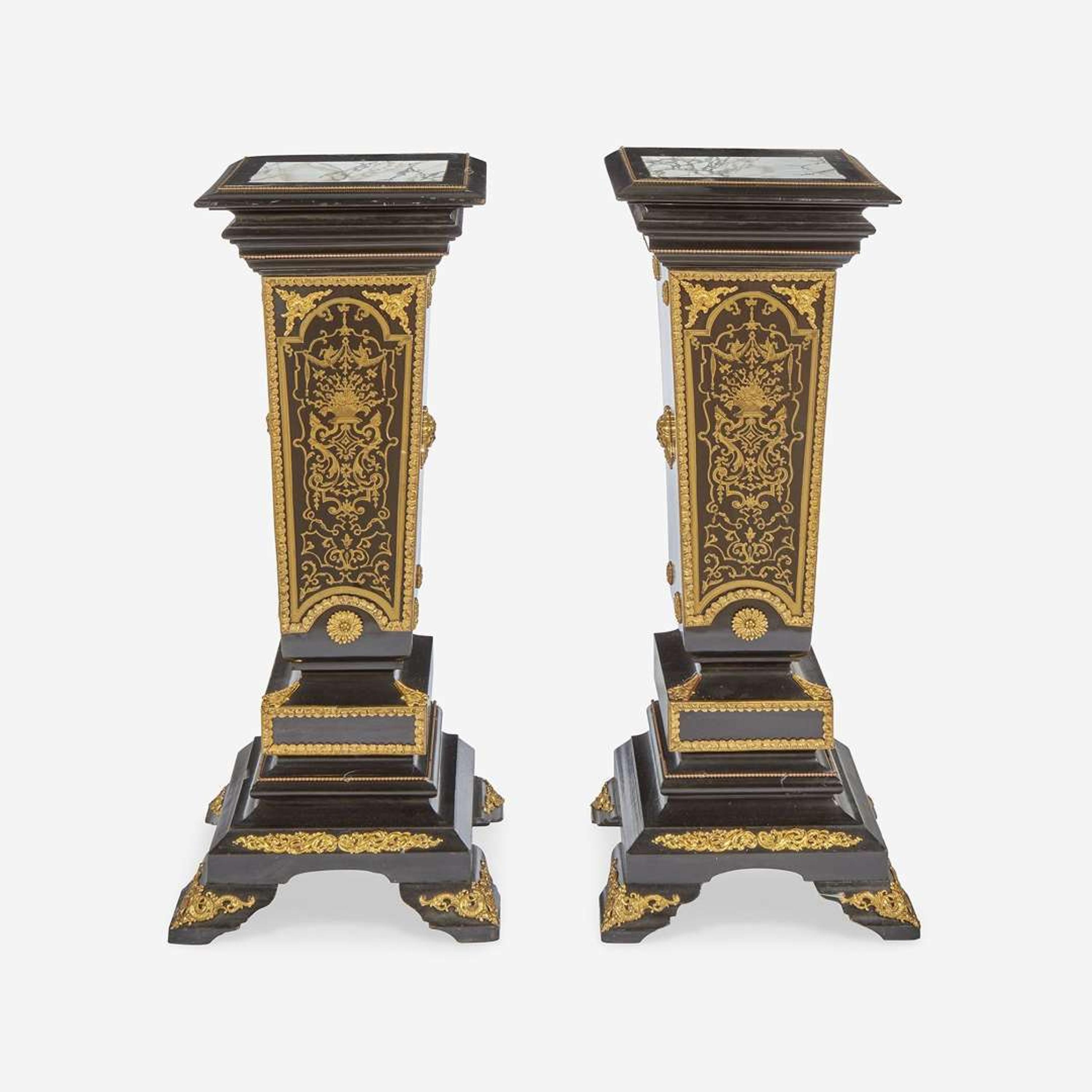 A Pair of Louis XIV Style Boulle Marquetry Inlaid Gilt-Bronze Mounted Ebonized Marble Top Pedestals 20th century