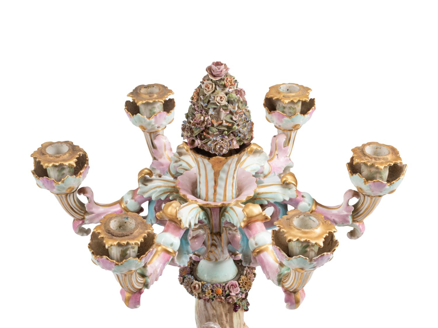 A Pair of Large German Porcelain Figural Six-Light Candelabra