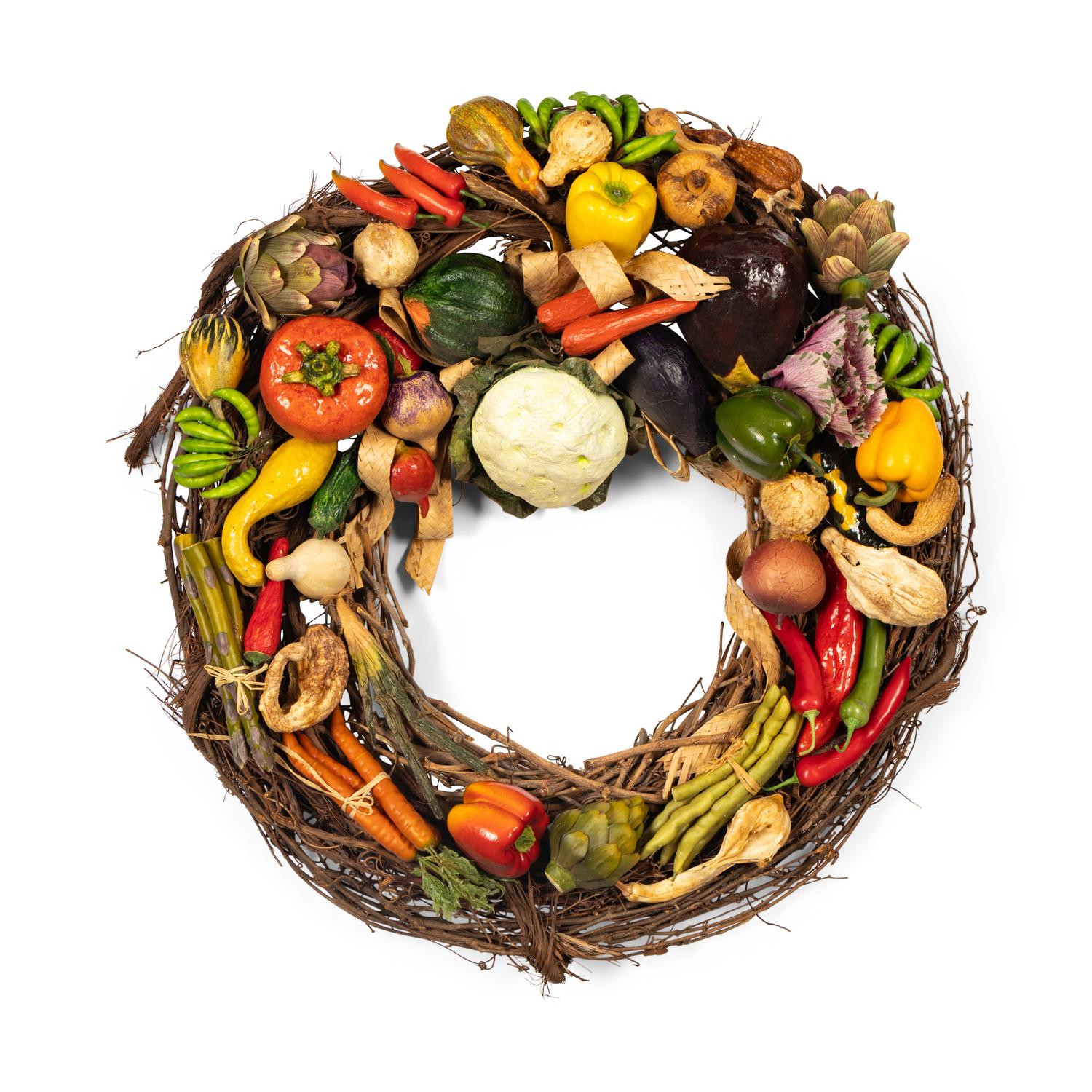 A Pair of Faux Fruit and Vegetable-Decorated Wreaths