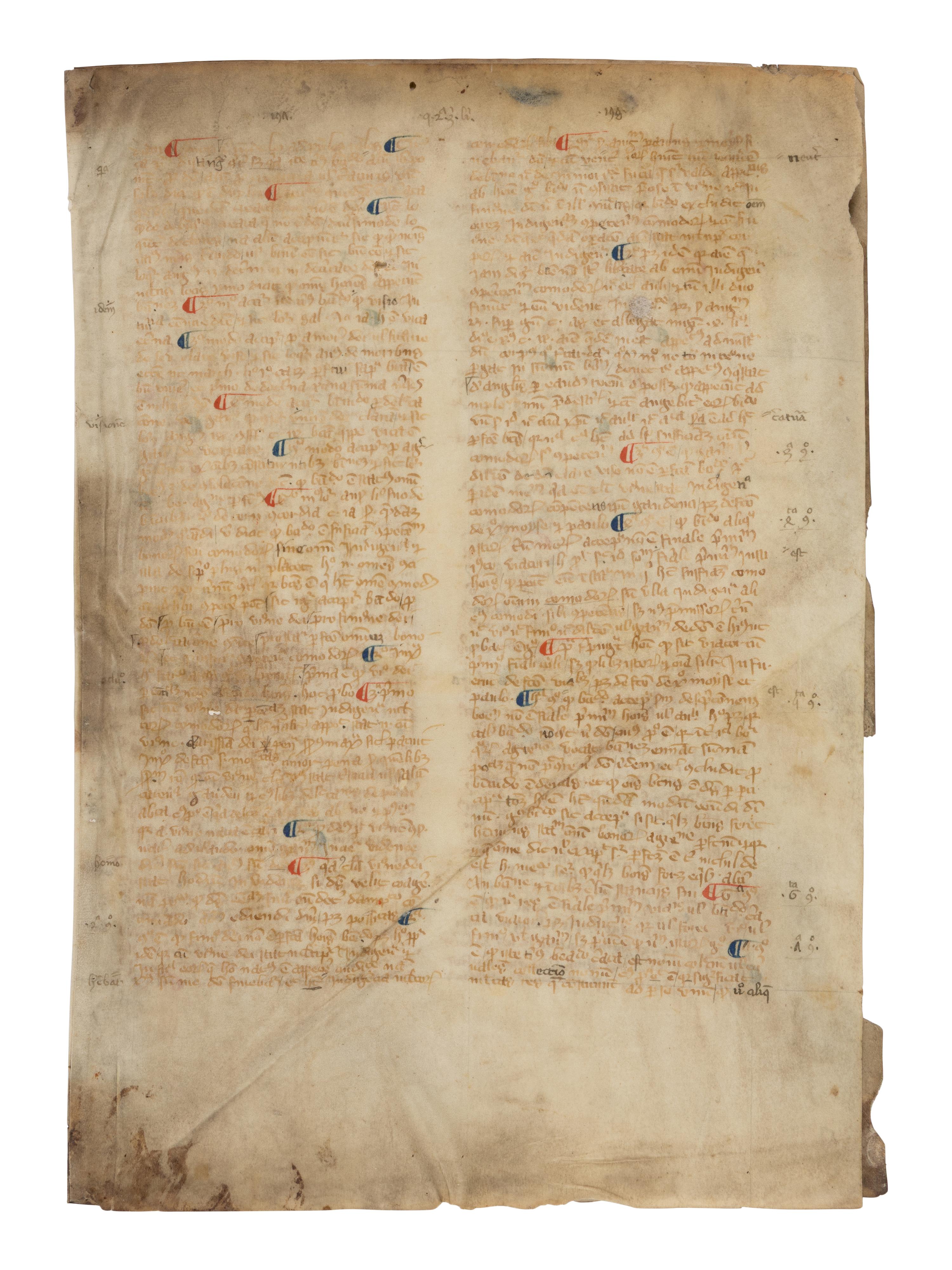 AN IMPORTANT UNIVERSITY TEXT ROBERT HOLCOT (1290-1349), Opus quaestionum super sententias (a commentary on the Sentences of Peter Lombard), in Latin, bifolium on vellum [France, Paris, c. 1350]