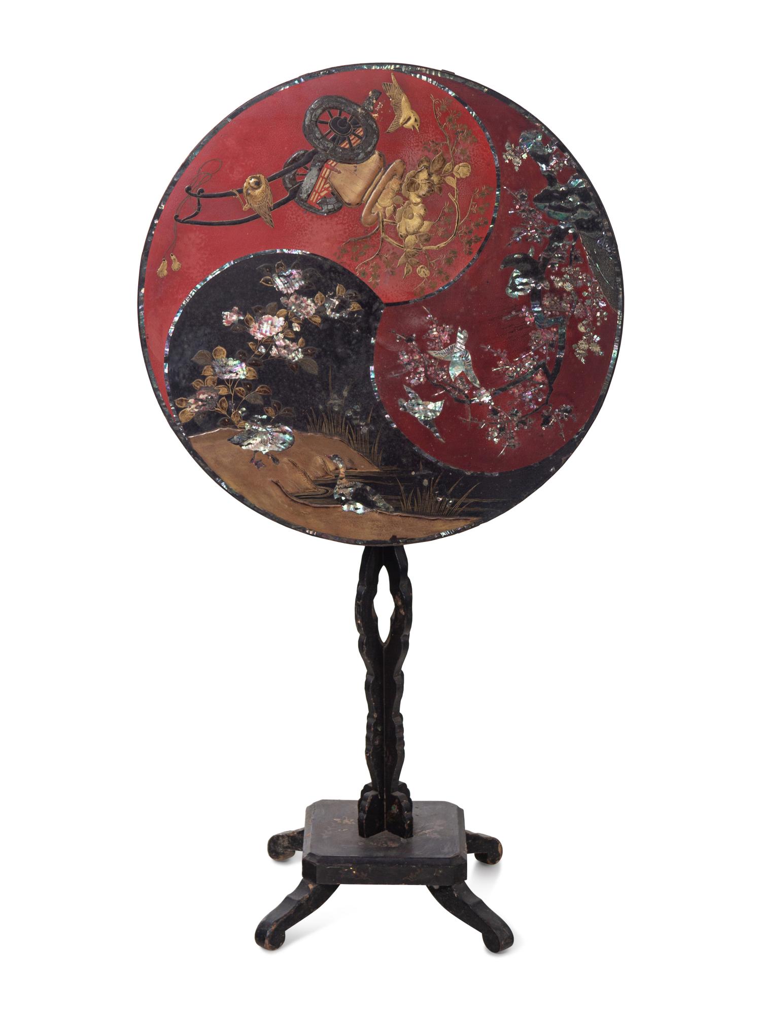 A Chinoiserie Decorated Lacquer and Mother-of-Pearl Tilt-Top Table