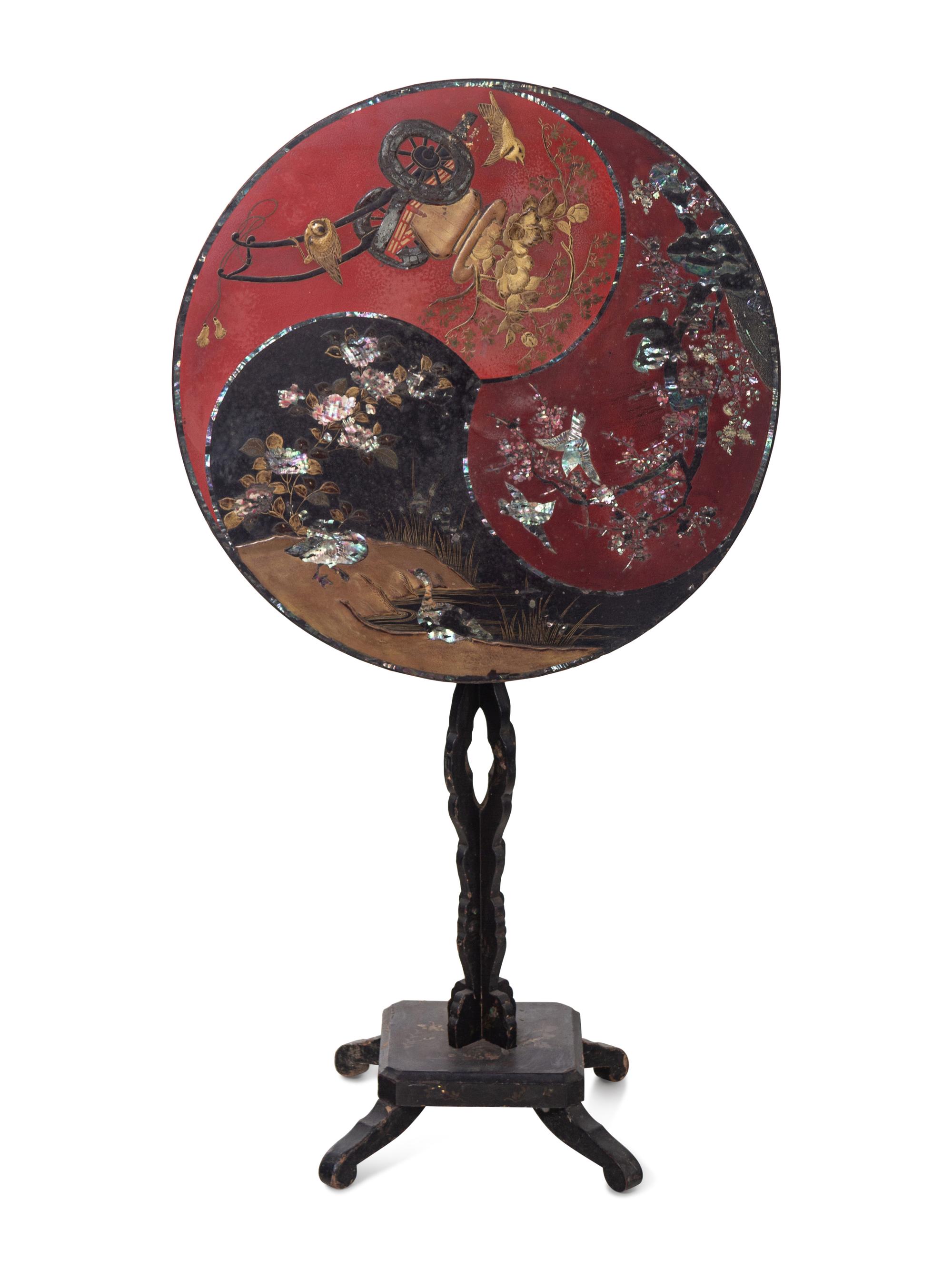 A Chinoiserie Decorated Lacquer and Mother-of-Pearl Tilt-Top Table