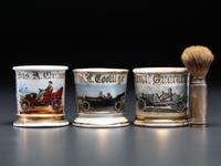 Three Porcelain Shaving Mugs Depicting Automobiles