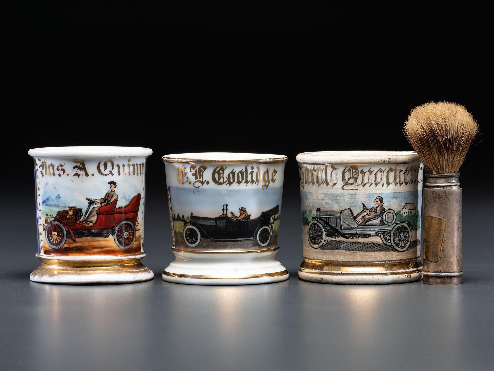 Three Porcelain Shaving Mugs Depicting Automobiles