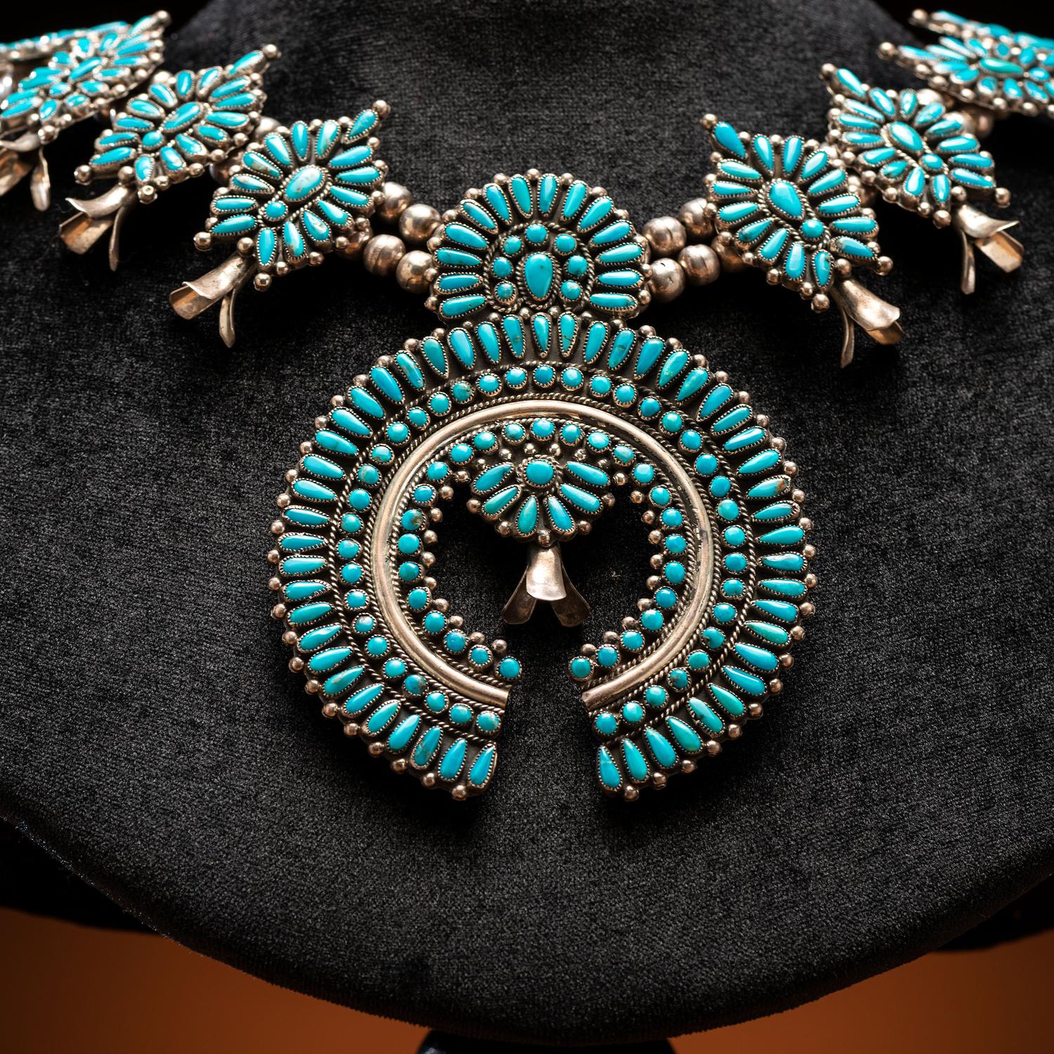 Victor Moses Begay (Dine, act. since 1950s) Silver and Petit Point Turquoise Squash Blossom Necklace