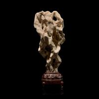 A Chinese White Scholar's Stone with Wood Stand 太湖石及木座