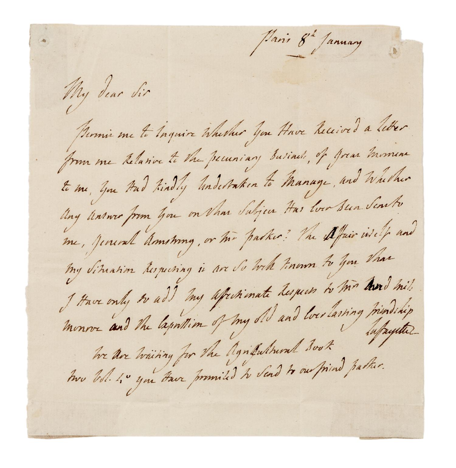 LAFAYETTE, Marie Joseph Paul Yves Roch Gilbert du Motier, Marquis de (1757-1834). ALS ("Lafayette"), in English, to James Monroe