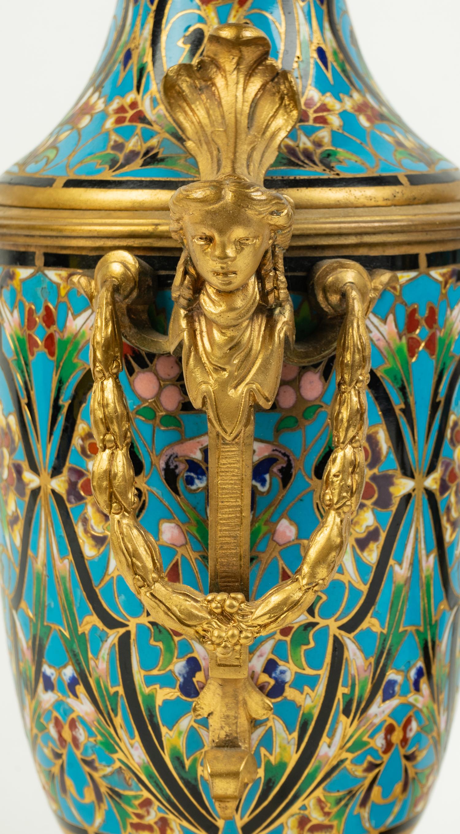 A Pair of French Gilt Bronze and Champleve Covered Urns — 19TH CENTURY