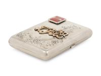 A Russian Gold, Silver and Enamel Charm Mounted Silver Cigarette Case