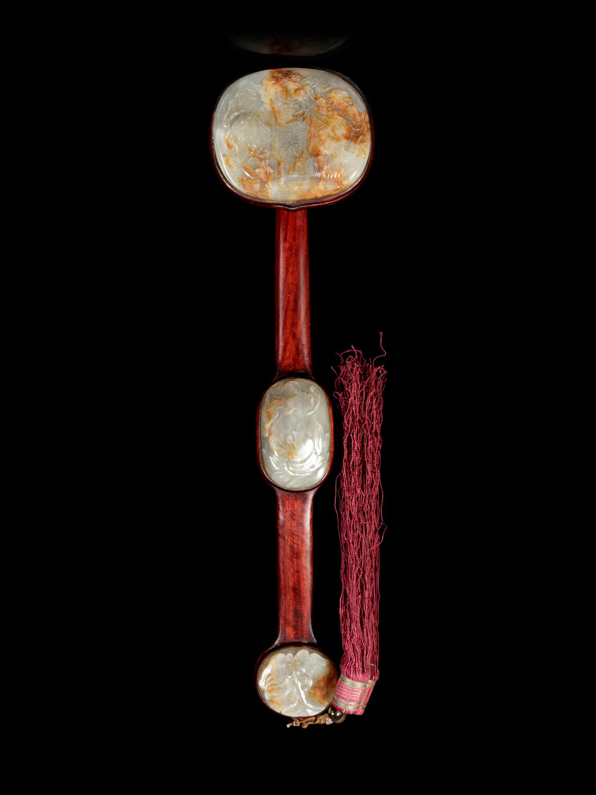 A Chinese Russet and Celadon Jade Inset Hardwood Ruyi Scepter