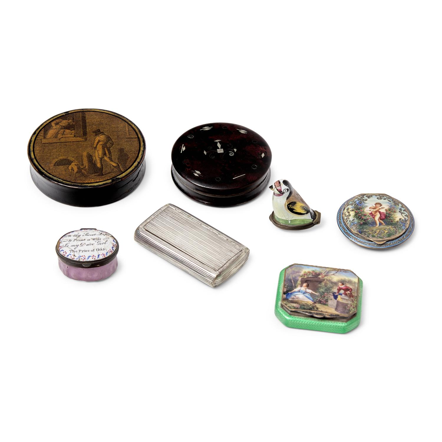An Assorted Group of Seven Tobacco or Snuff Boxes and Compacts