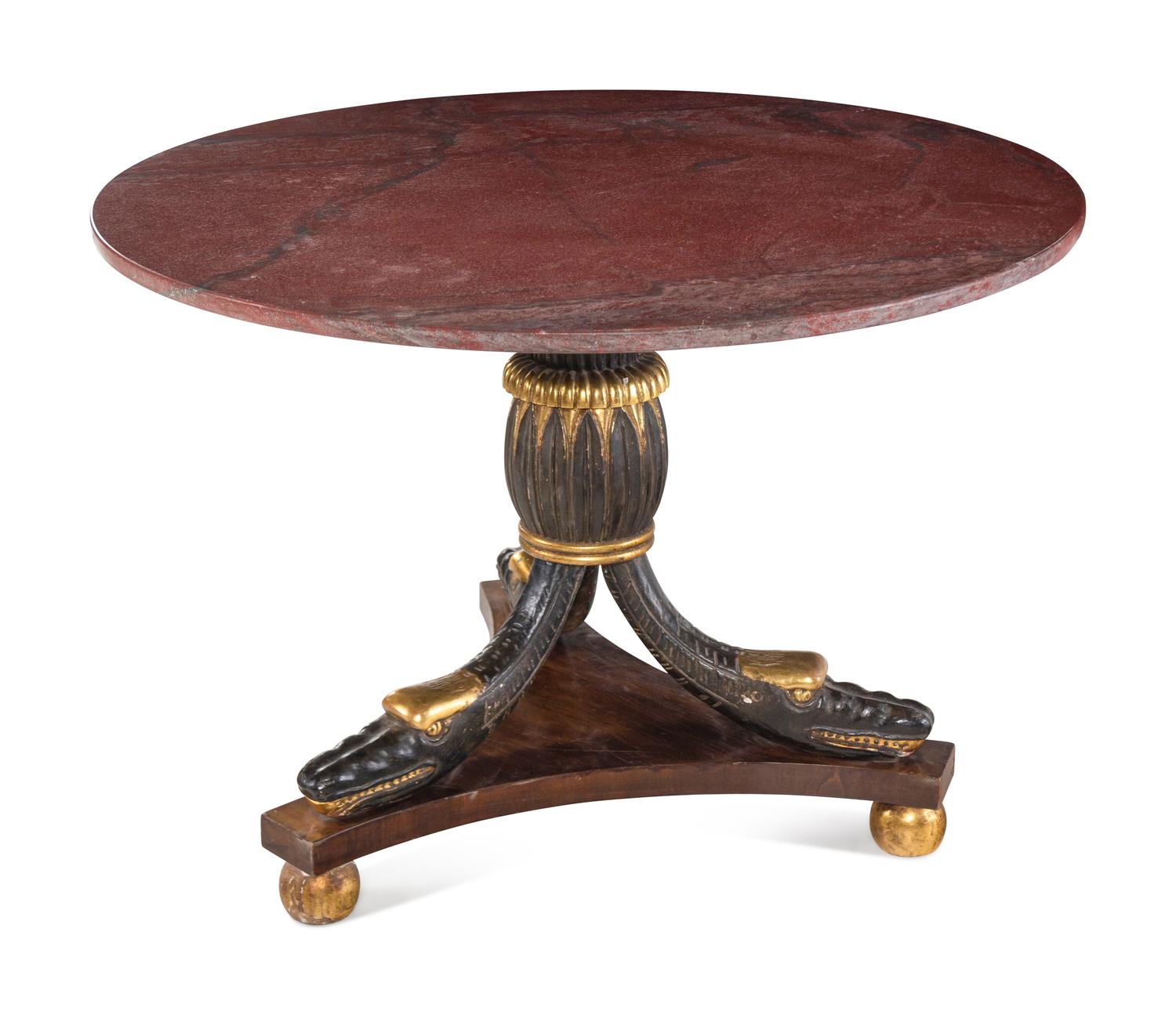 An Italian Painted and Parcel Gilt Marble-Top Center Table with Serpent-Form Supports