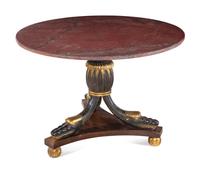 An Italian Painted and Parcel Gilt Marble-Top Center Table with Serpent-Form Supports